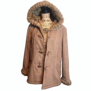 Braetan Womens Toggle Cozy Faux Fur Sherpa Hood Winter Duffle Coat Beige Size XL